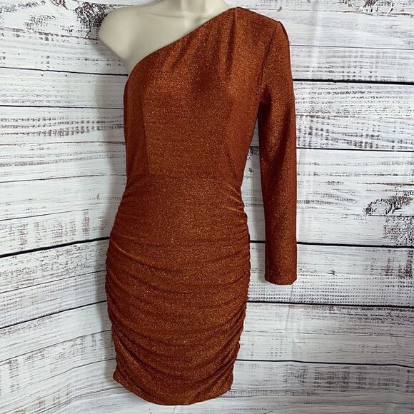 Abyss by abby Dress Womens Small one sleeve ruched back zipper Metallic Bodycon - Picture 3 of 14